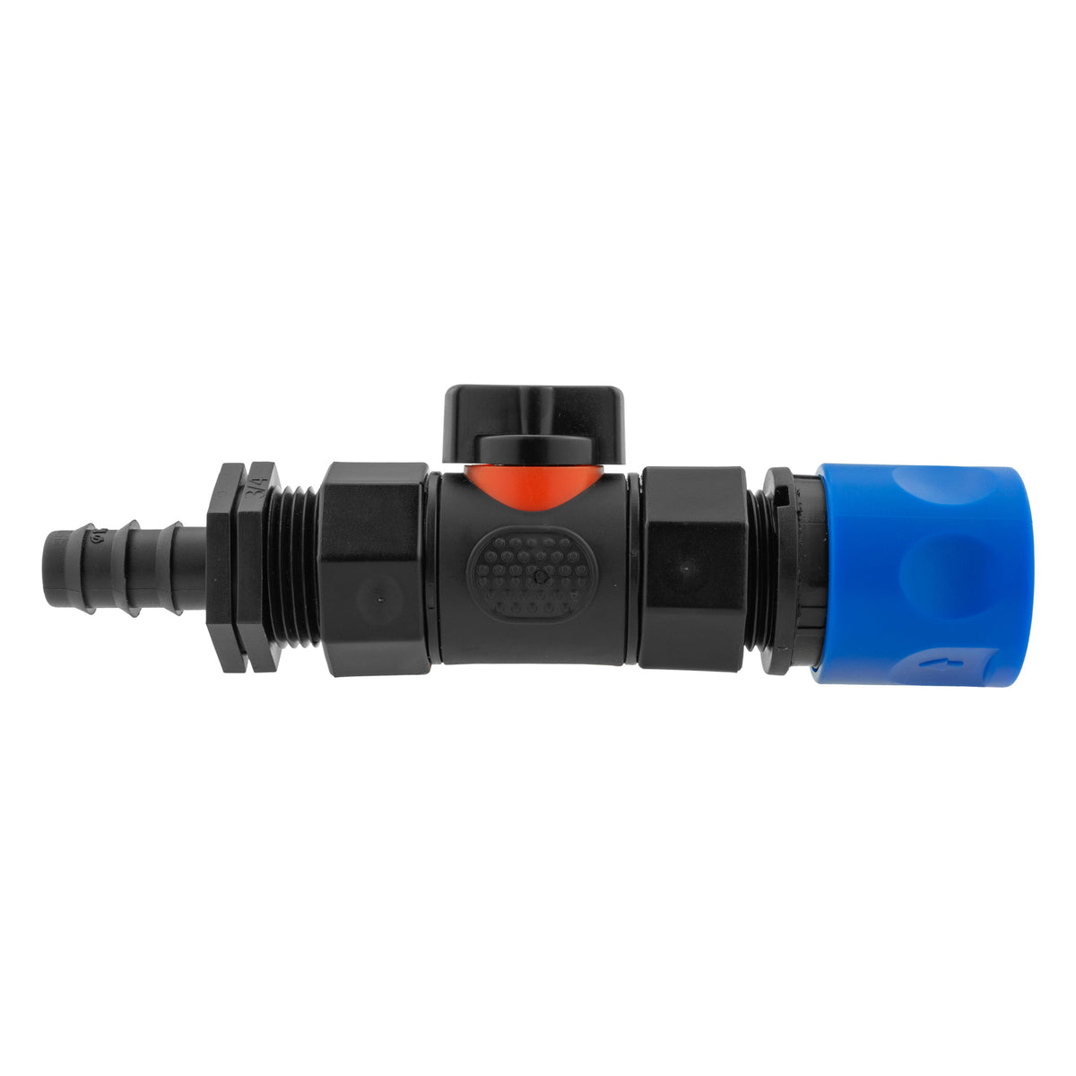 Black manual inline valve with blue female snap-on coupling and 16mm irrigation-pipe barb.
