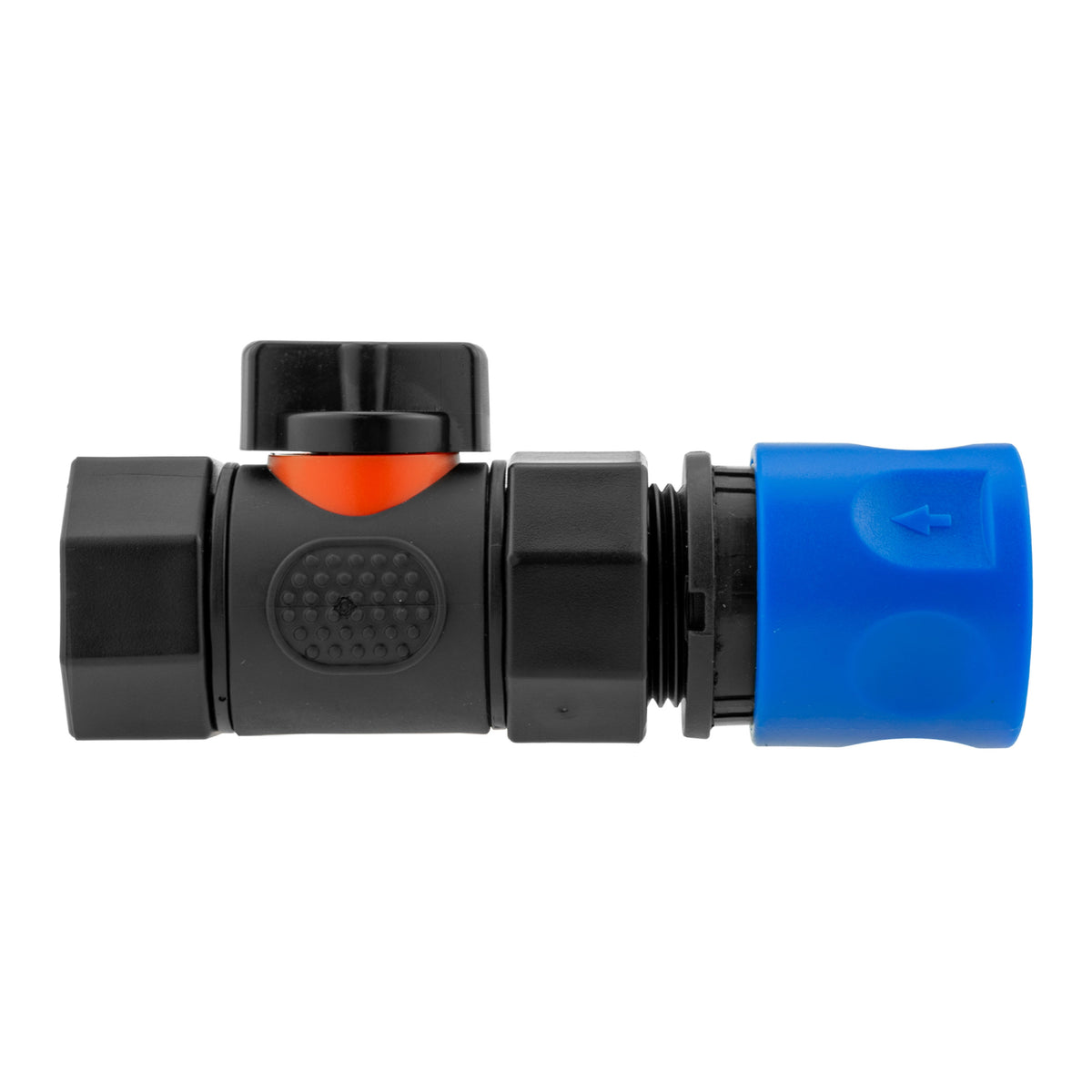 Black manual inline valve with blue female snap-on coupling and ¾″ BSP female threaded outlet.