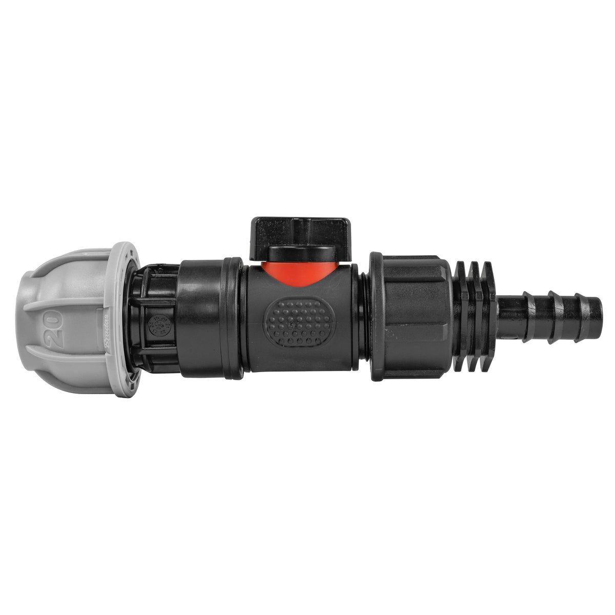 Black manual inline valve with 20mm MDPE compression fitting and 16mm irrigation-pipe barb.
