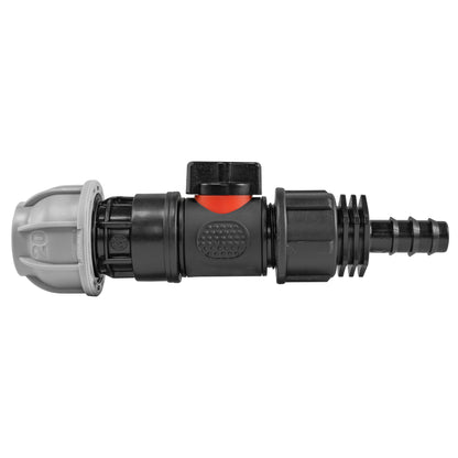 Black manual inline valve with 20mm MDPE compression fitting and 16mm irrigation-pipe barb.