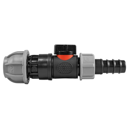 Black manual inline valve with 20mm MDPE compression fitting and 20mm irrigation-pipe barb.