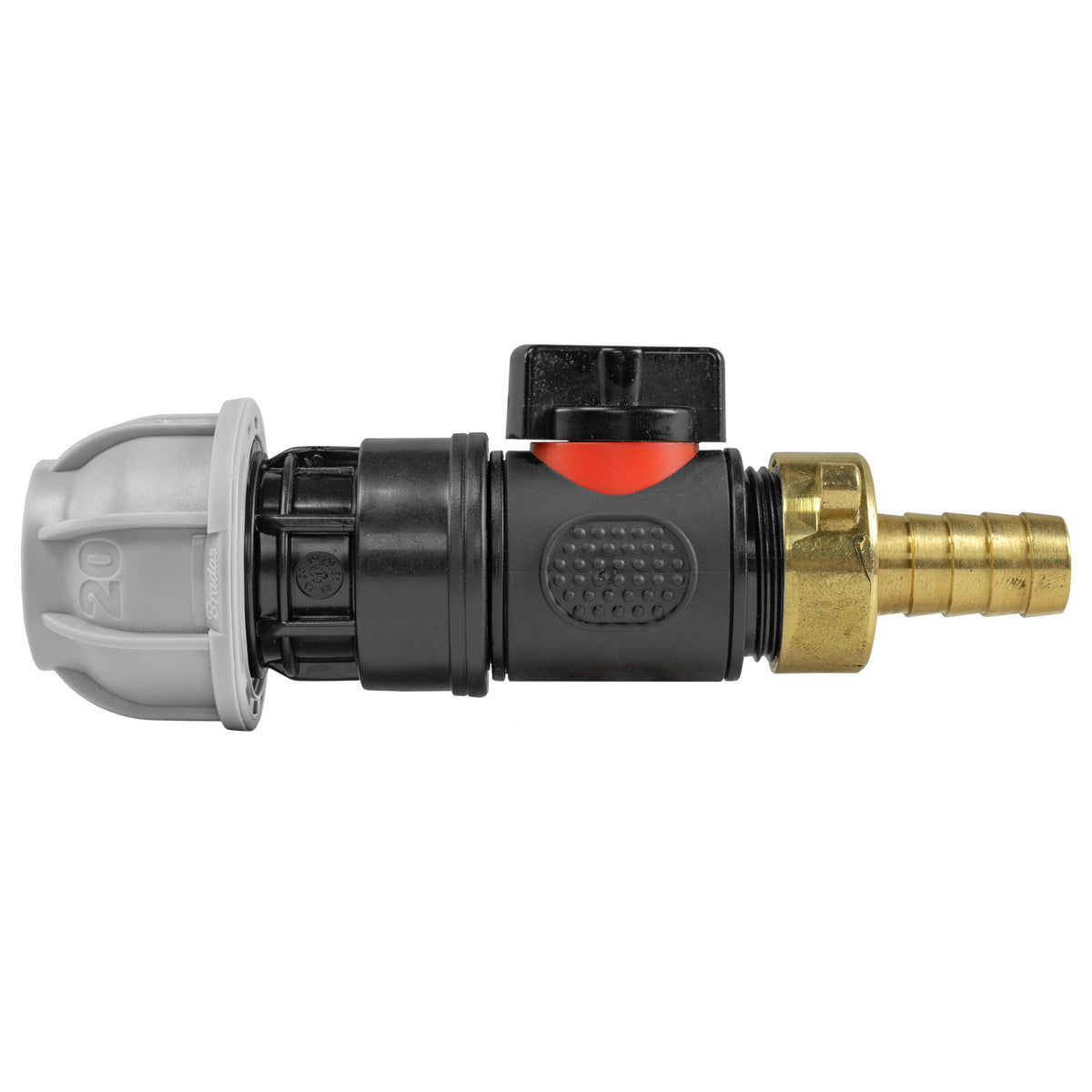 Black manual inline valve with 20mm MDPE compression fitting and 13mm brass hose barb.