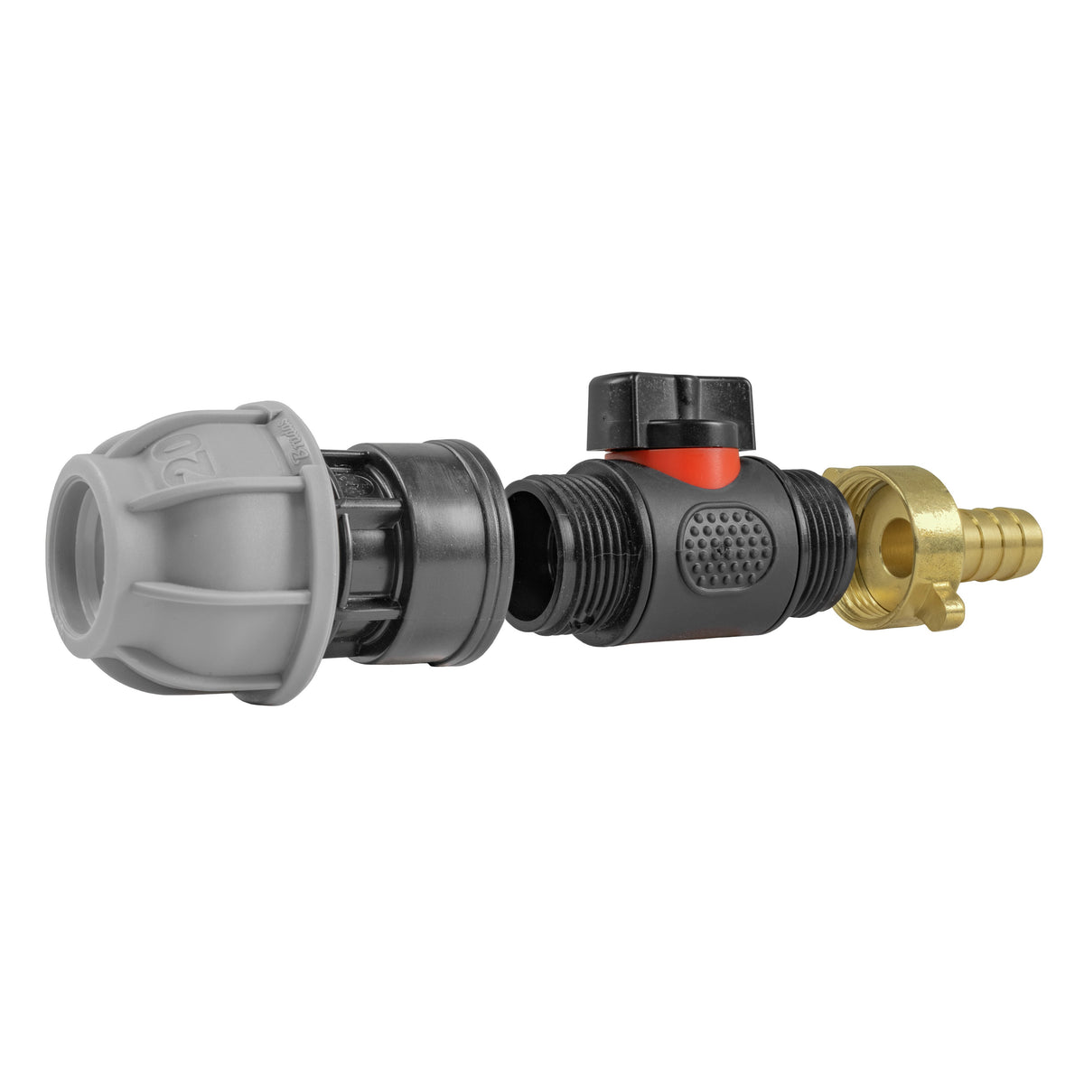 Inline Valve Kit – 20mm MDPE Connector to 13mm Brass Barb