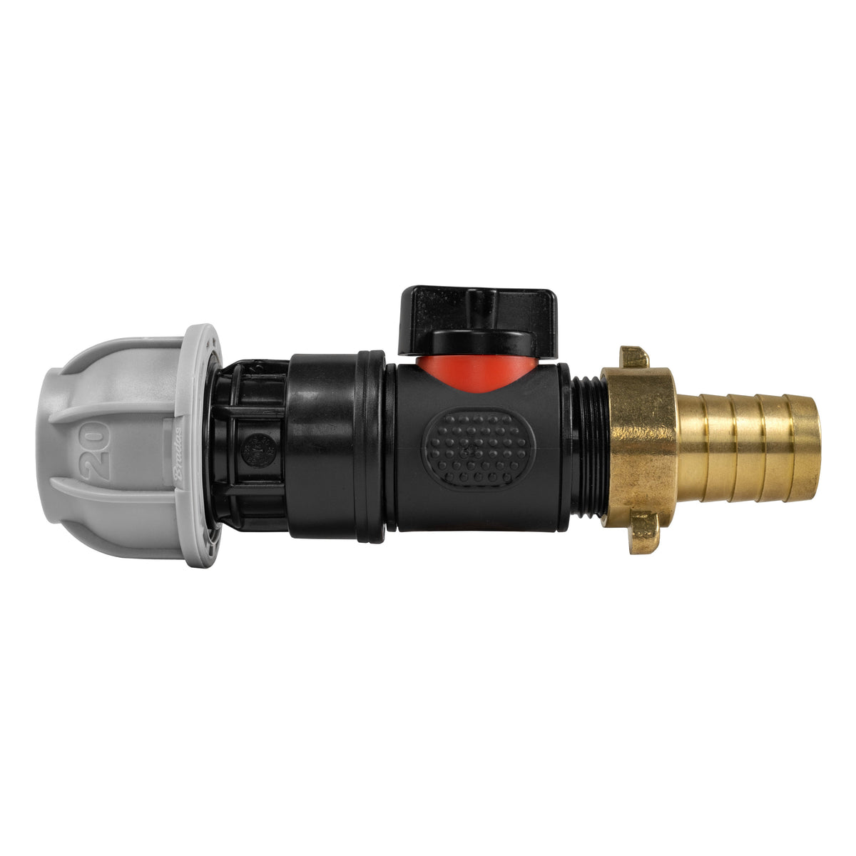 Black manual inline valve with 20mm MDPE compression fitting and 19mm brass hose barb.