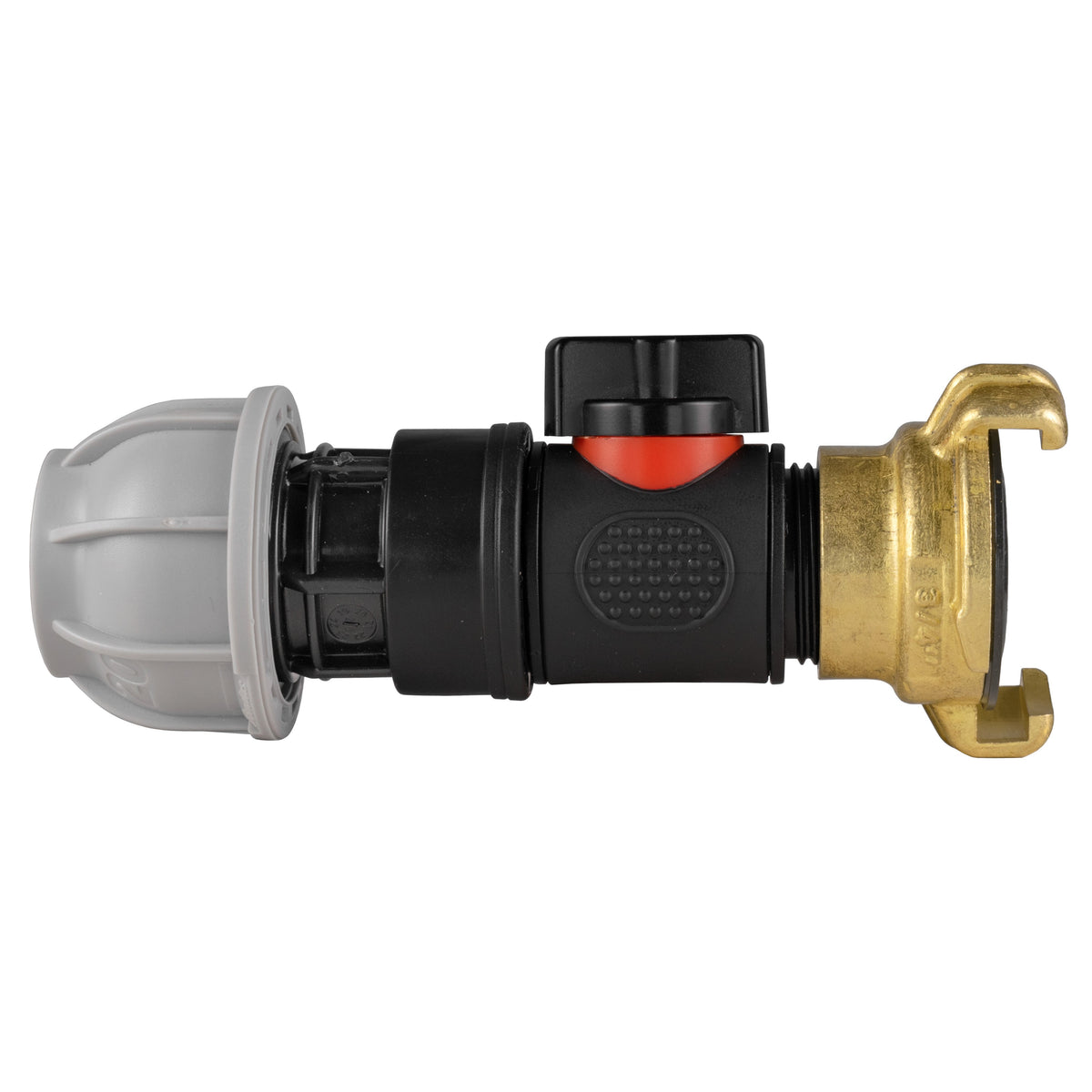 Black manual inline valve with 20mm MDPE compression fitting and Geka-type brass claw coupling.