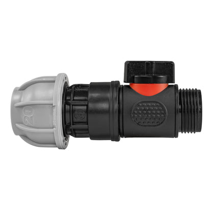Black manual inline valve with 20mm MDPE compression fitting and ¾″ BSP male threaded outlet.