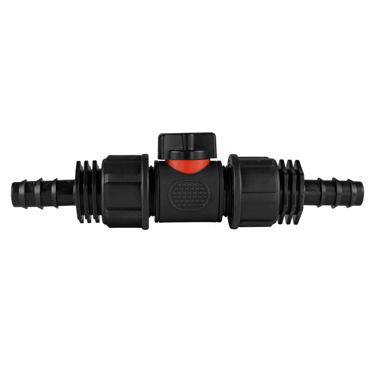 Black manual inline valve with 16mm irrigation-pipe barb and 16mm irrigation-pipe barb.