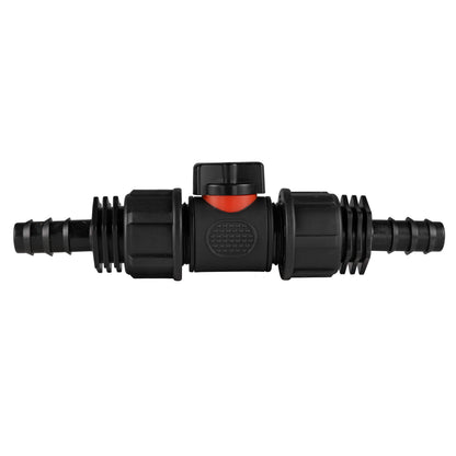 Black manual inline valve with 16mm irrigation-pipe barb and 16mm irrigation-pipe barb.