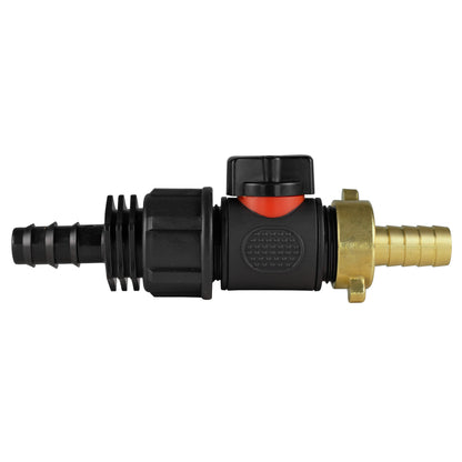 Black manual inline valve with 16mm irrigation-pipe barb and 13mm brass hose barb.