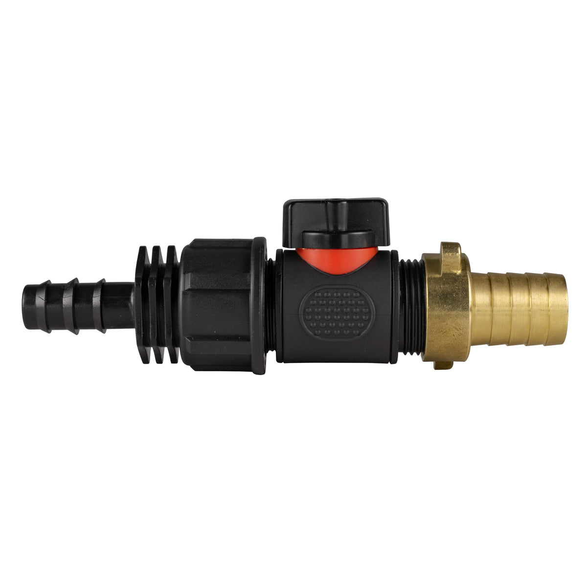Black manual inline valve with 16mm irrigation-pipe barb and 19mm brass hose barb.