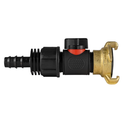 Black manual inline valve with 16mm irrigation-pipe barb and Geka-type brass claw coupling.