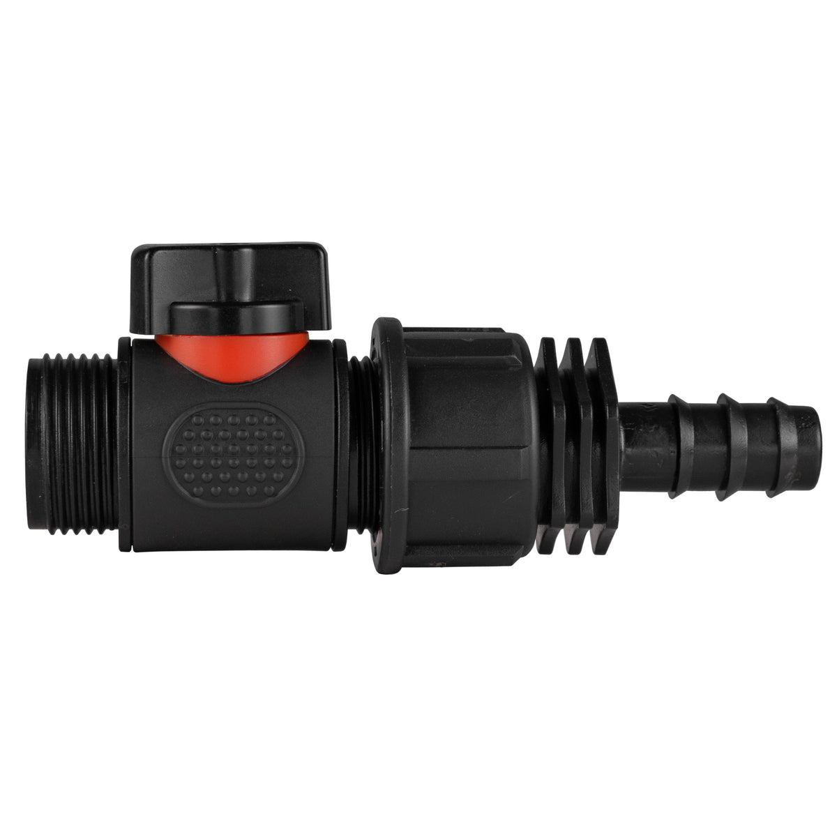 Black manual inline valve with 16mm irrigation-pipe barb and ¾″ BSP male threaded outlet.