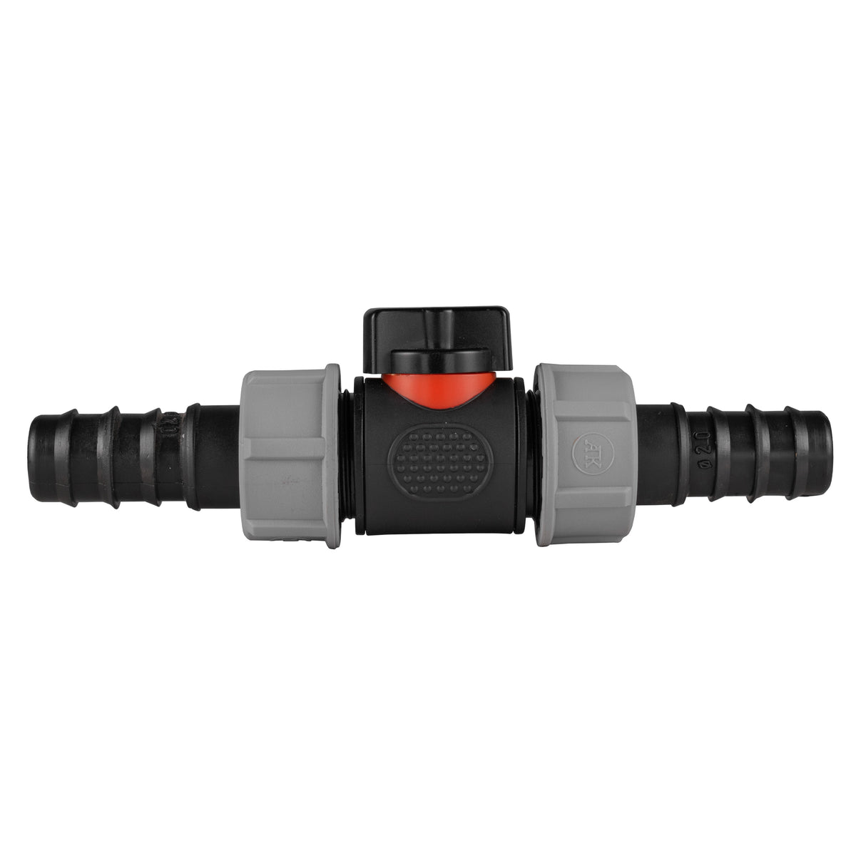 Black manual inline valve with 20mm irrigation-pipe barb and 20mm irrigation-pipe barb.