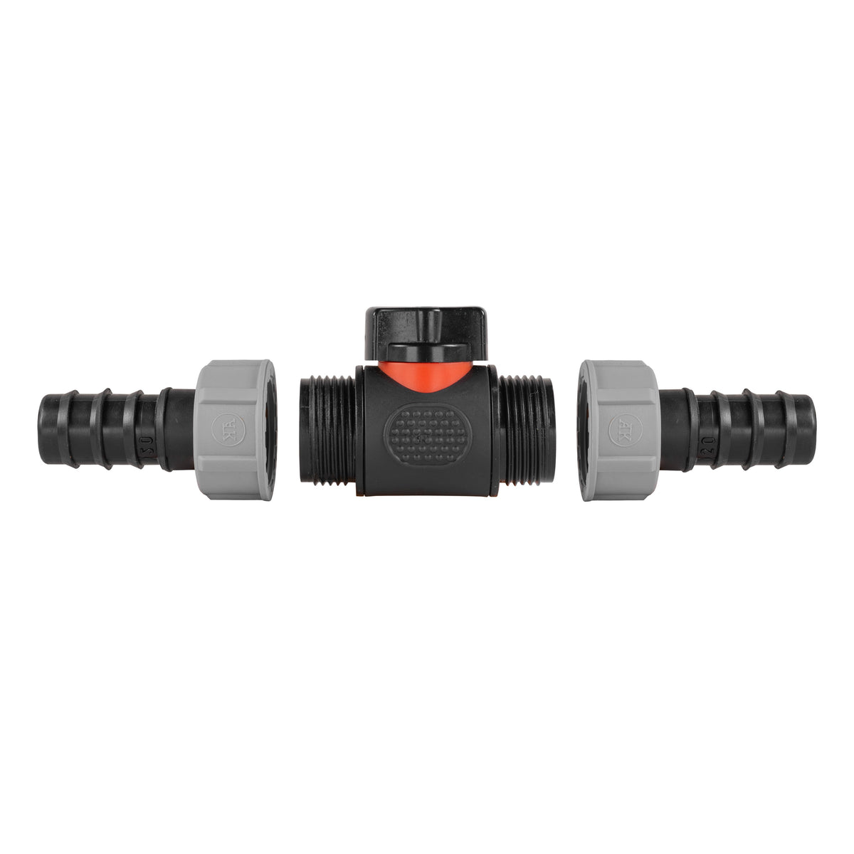 Black Inline Valve with 2 20mm Irrigation Barbs