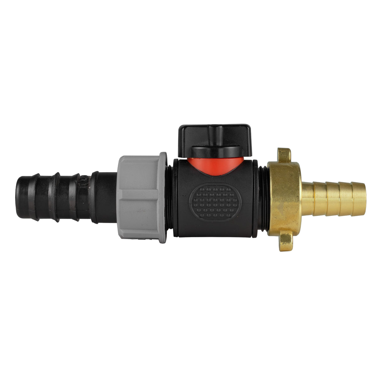 Black manual inline valve with 20mm irrigation-pipe barb and 13mm brass hose barb.