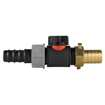 Black manual inline valve with 20mm irrigation-pipe barb and 19mm brass hose barb.