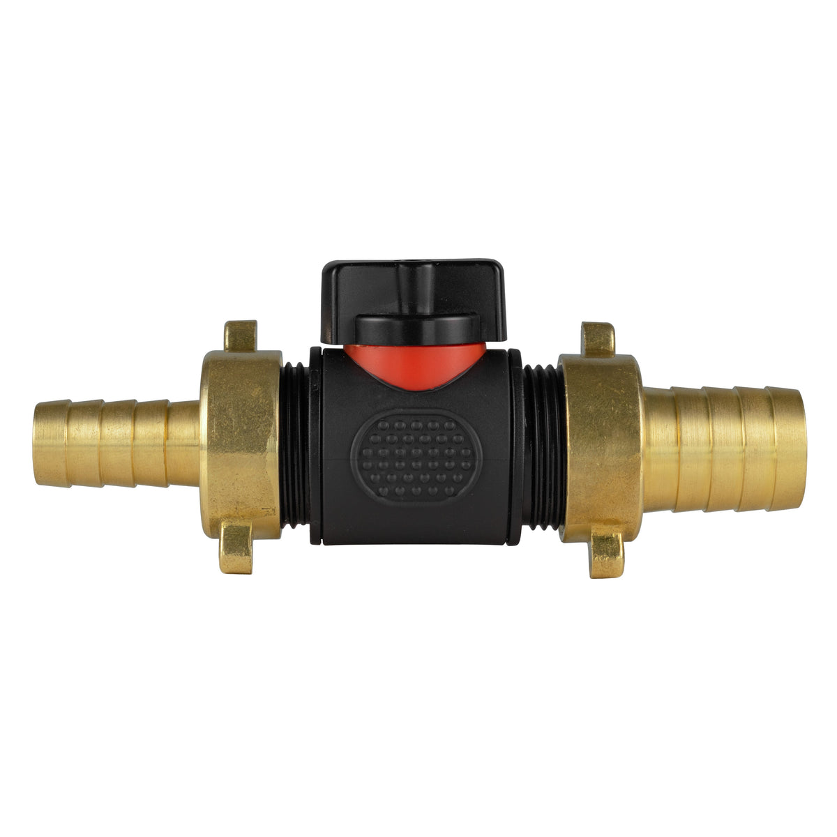 Black manual inline valve with 13mm brass hose barb and 19mm brass hose barb.
