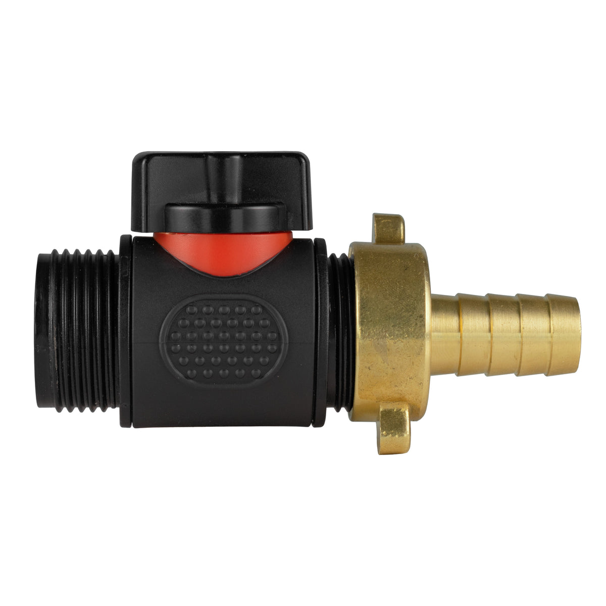 Black manual inline valve with 13mm brass hose barb and ¾″ BSP male threaded outlet.