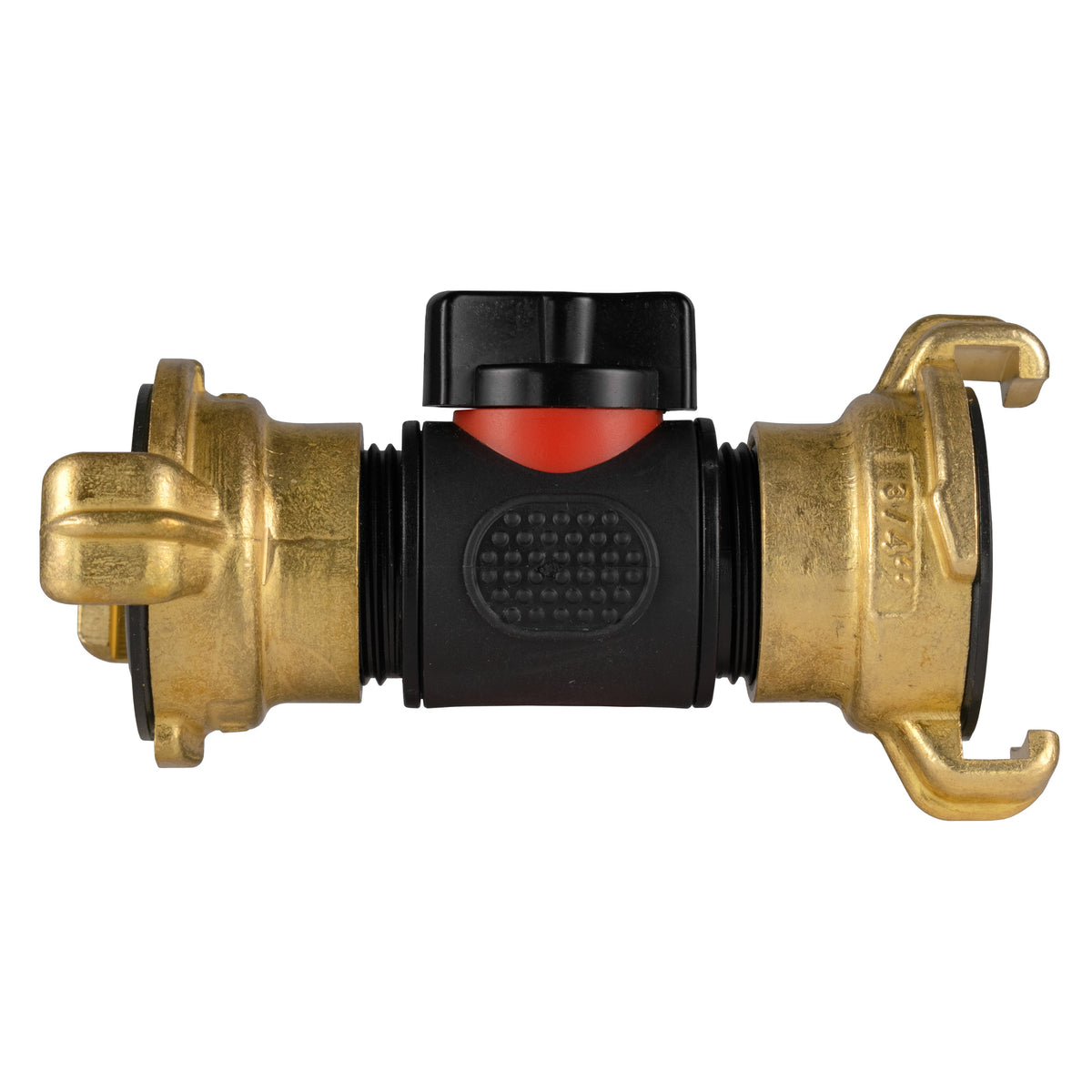 Black inline valve kit with Geka-type claw connections at both ends.