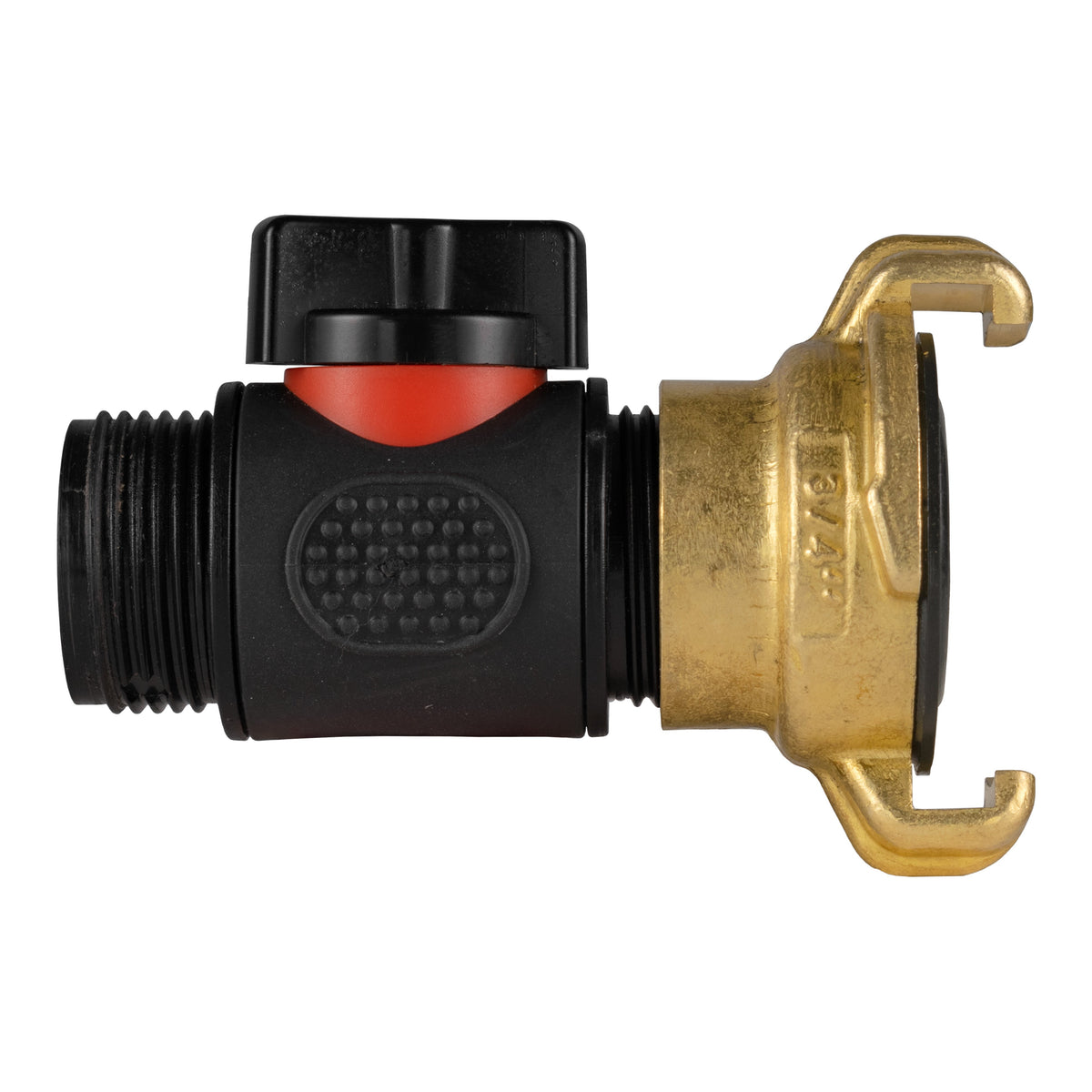 Black manual inline valve with Geka-type brass claw coupling and ¾″ BSP male threaded outlet.