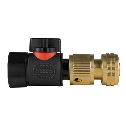 Black manual valve kit with ¾″ BSP female threaded inlet and brass female snap-on connector for ½″ garden hose.