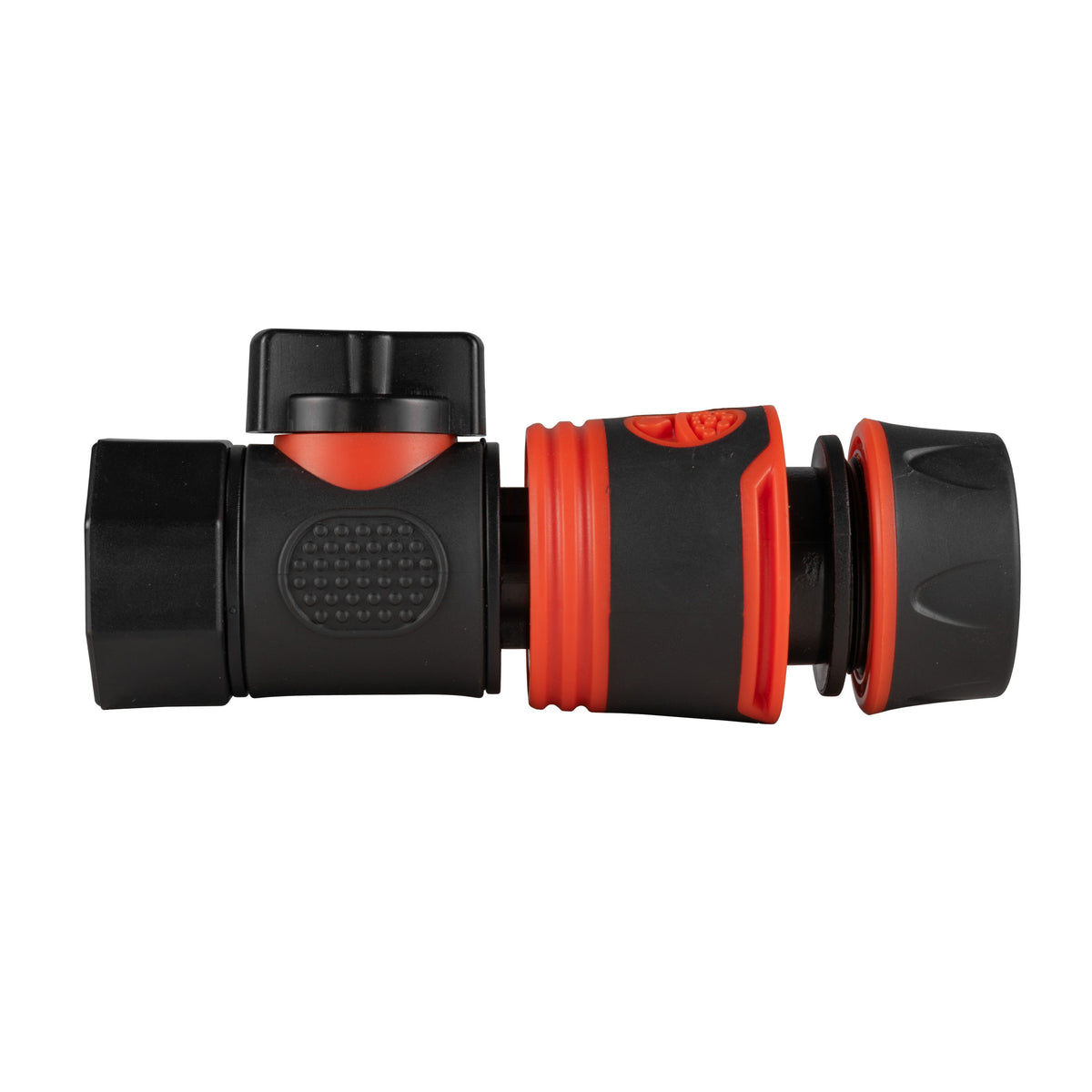 Black manual valve kit with ¾″ BSP female threaded inlet and black/orange soft-touch female snap-on connector for ½″ garden hose.