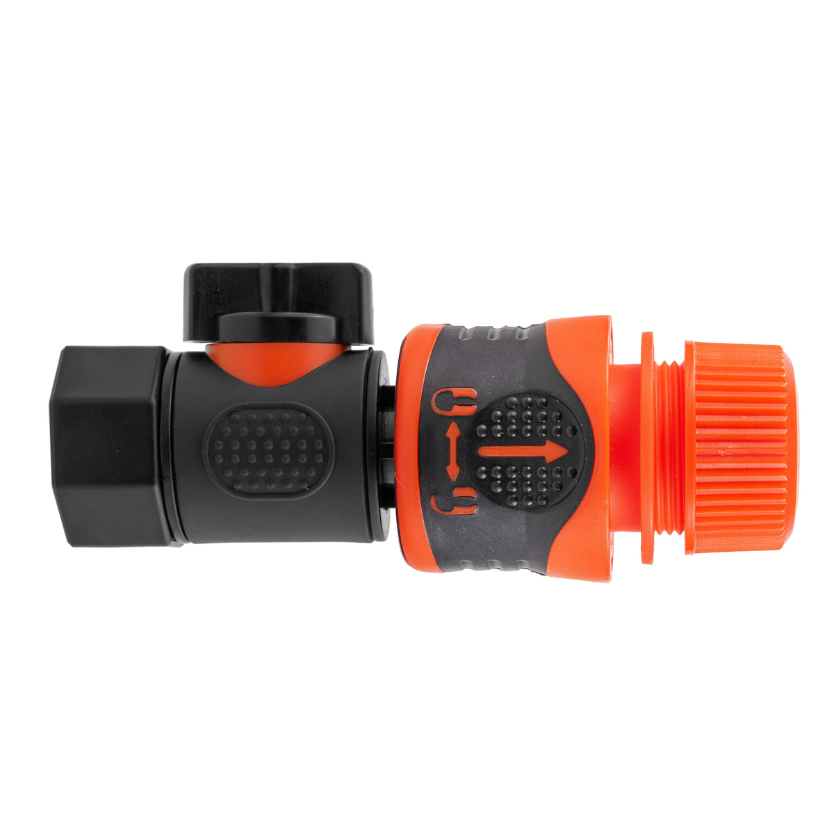 Black manual valve kit with ¾″ BSP female threaded inlet and Cost Wise orange locking female snap-on connector for ½″ garden hose.