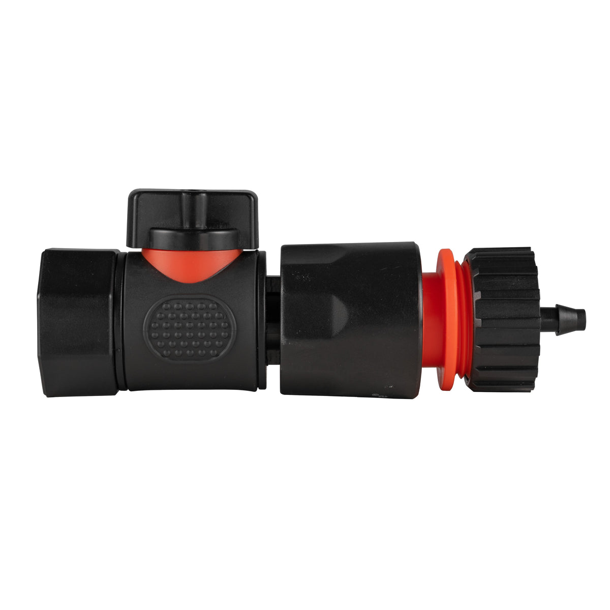 Black manual valve kit with ¾″ BSP female threaded inlet and female snap-on connector with 4mm micro-irrigation barb.
