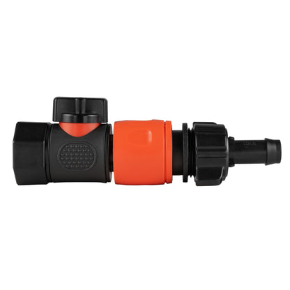 Black manual valve kit with ¾″ BSP female threaded inlet and female snap-on connector with 13mm hose barb.