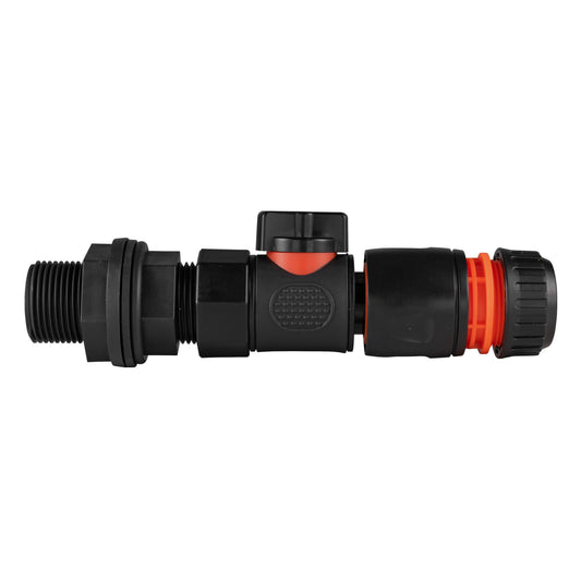 Water Butt Connector 3/4" BSP with Valve & Hose Connector Black