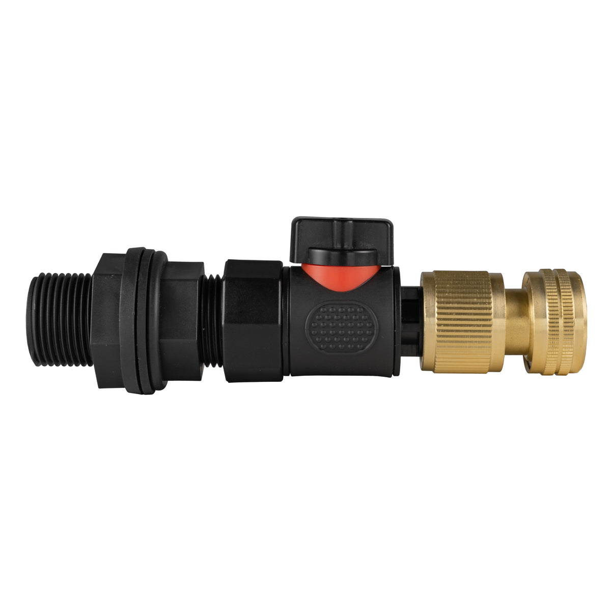 Black manual valve kit with water butt tank connection and brass female snap-on connector for ½″ garden hose.