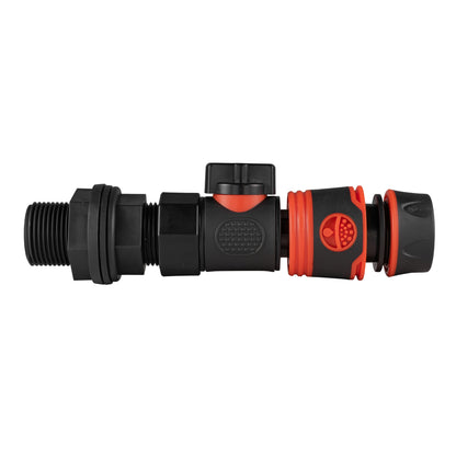Black manual valve kit with water butt tank connection and black/orange soft-touch female snap-on connector for ½″ garden hose.