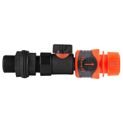 Black manual valve kit with water butt tank connection and Cost Wise orange locking female snap-on connector for ½″ garden hose.
