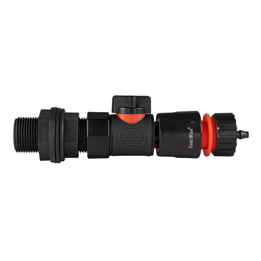 Water Butt Connector 3/4" BSP with Valve & Hose Connector 4mm Barb