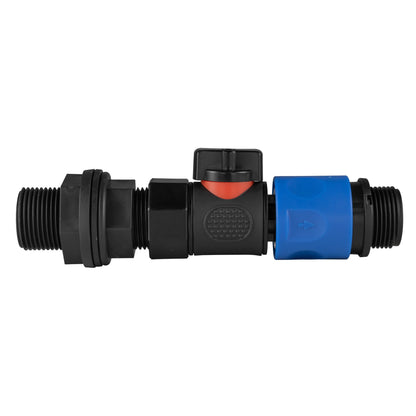 Black manual valve kit with water butt tank connection and blue female snap-on coupling with ¾″ BSP male thread.