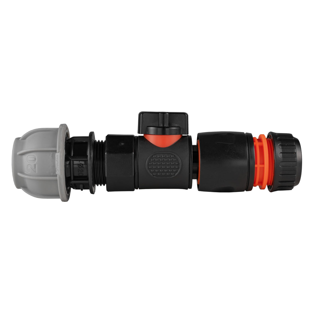 Black manual valve kit with 20mm MDPE compression connection and black/orange female snap-on connector for ½″ garden hose.
