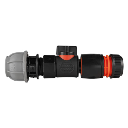 Black manual valve kit with 20mm MDPE compression connection and black/orange female snap-on connector for ½″ garden hose.