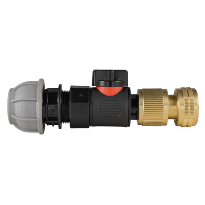 Black manual valve kit with 20mm MDPE compression connection and brass female snap-on connector for ½″ garden hose.