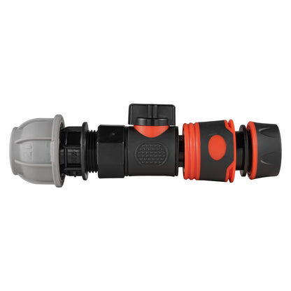 Black manual valve kit with 20mm MDPE compression connection and black/orange soft-touch female snap-on connector for ½″ garden hose.