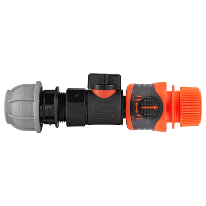Black manual valve kit with 20mm MDPE compression connection and Cost Wise orange locking female snap-on connector for ½″ garden hose.
