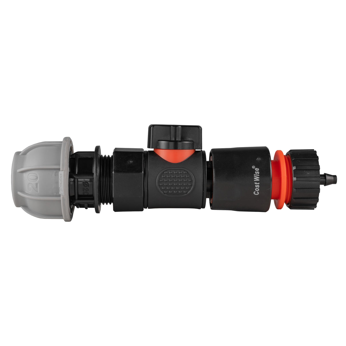 Black manual valve kit with 20mm MDPE compression connection and female snap-on connector with 4mm micro-irrigation barb.