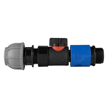 Black manual valve kit with 20mm MDPE compression connection and blue female snap-on coupling with ¾″ BSP male thread.
