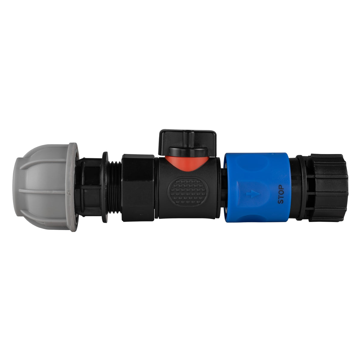 Black manual valve kit with 20mm MDPE compression connection and blue female snap-on coupling with ¾″ BSP female thread.
