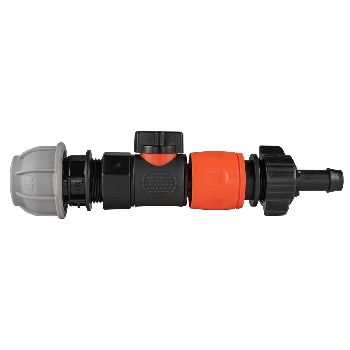 Black manual valve kit with 20mm MDPE compression connection and female snap-on connector with 13mm hose barb.