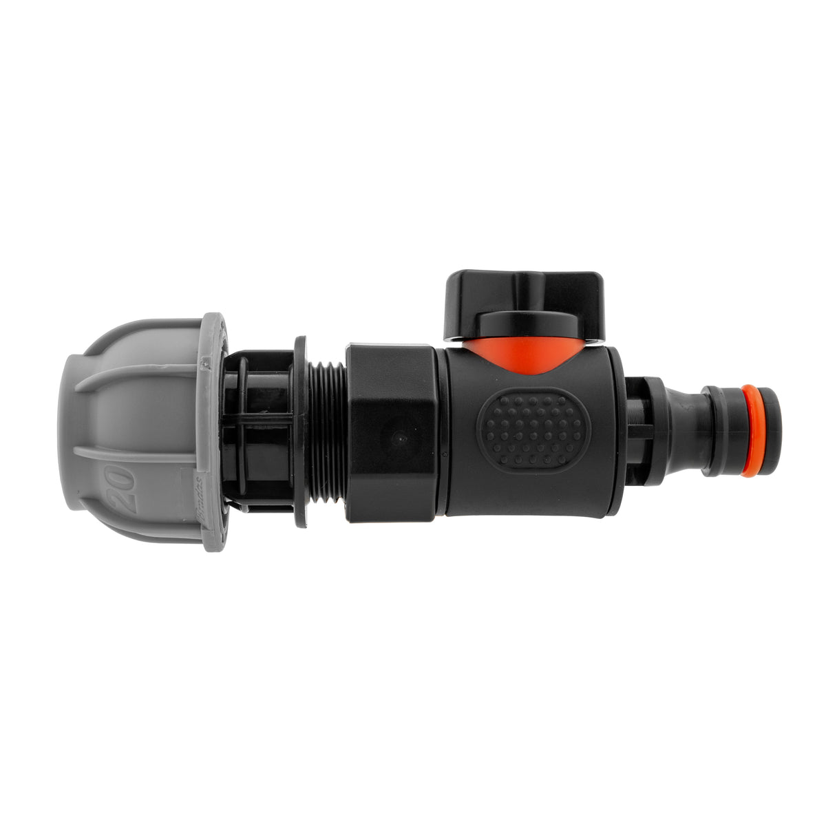 Black manual valve kit with 20mm MDPE compression connection and male snap-on plug.