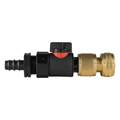 Black manual valve kit with 16mm irrigation-pipe barb and brass female snap-on connector for ½″ garden hose.