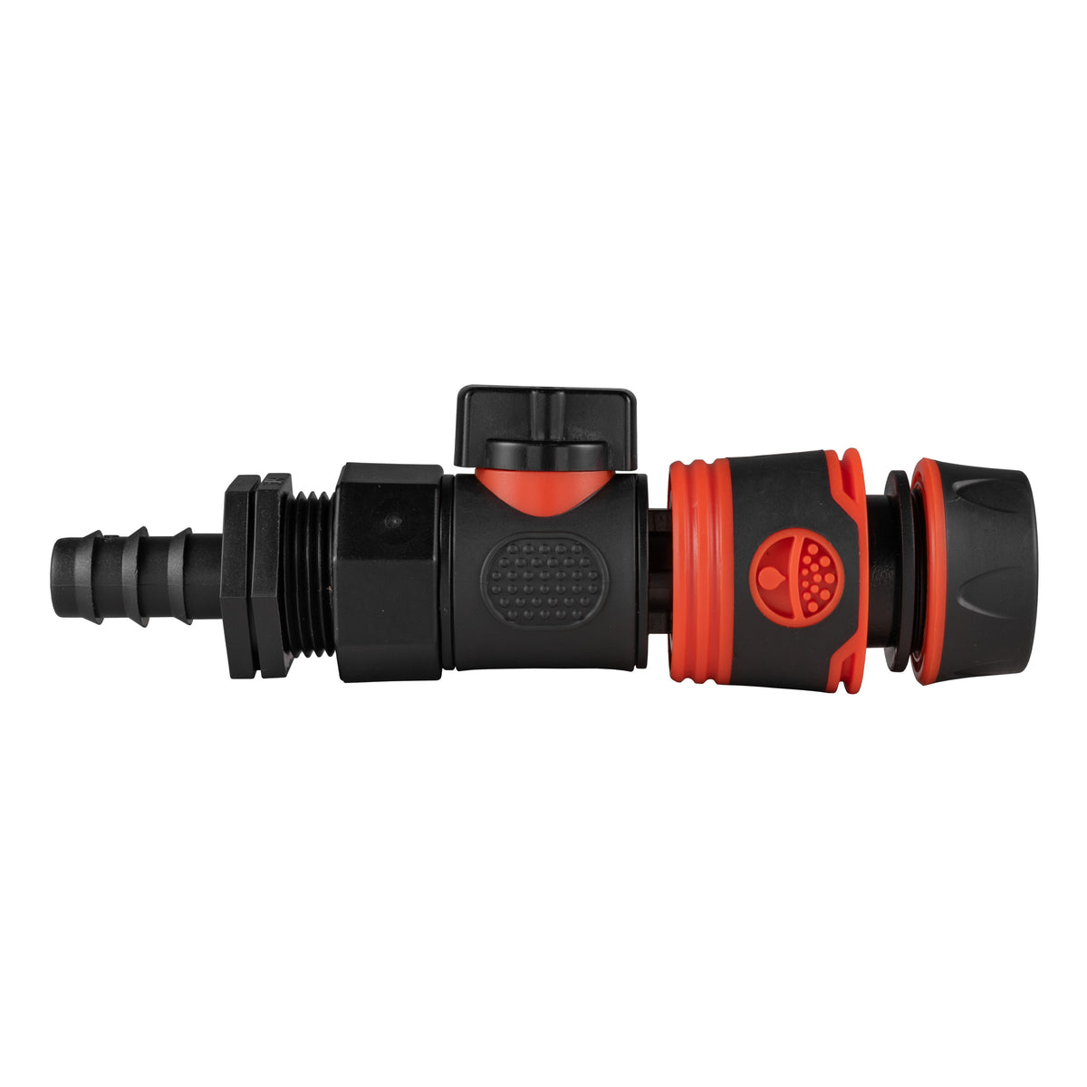 Black manual valve kit with 16mm irrigation-pipe barb and black/orange soft-touch female snap-on connector for ½″ garden hose.