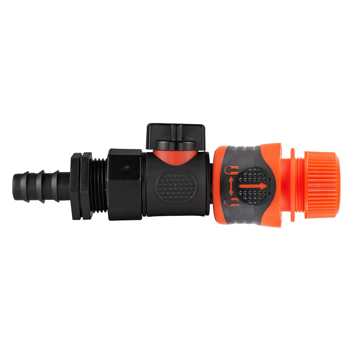 Black manual valve kit with 16mm irrigation-pipe barb and Cost Wise orange locking female snap-on connector for ½″ garden hose.