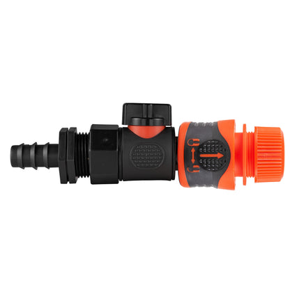 Black manual valve kit with 16mm irrigation-pipe barb and Cost Wise orange locking female snap-on connector for ½″ garden hose.