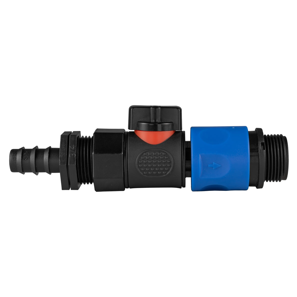 Black manual valve kit with 16mm irrigation-pipe barb and blue female snap-on coupling with ¾″ BSP male thread.